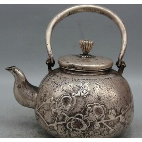 USPS to USA S2554 9" Archaic Japanese Pure Silver Plum Blossom Portable Kettle Wine Tea Pot Flagon