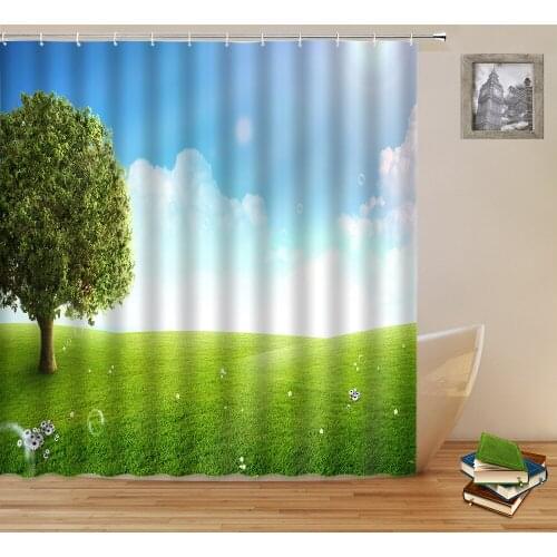 Natural Scenery Shower Curtains Green Grassland Plant Flower Landscape Pattern Bathroom Decor Waterproof Polyester Curtain Sets