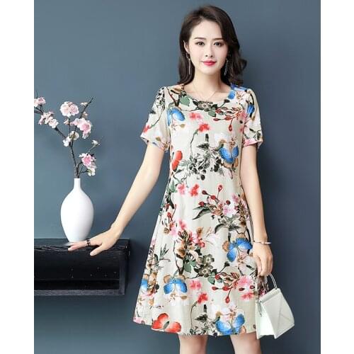 Women Elegant Floral Print Cotton Dress New Ladies Short Sleeve Round Neck Summer Dress 5XL Female Vestidos New WomenS Clothing