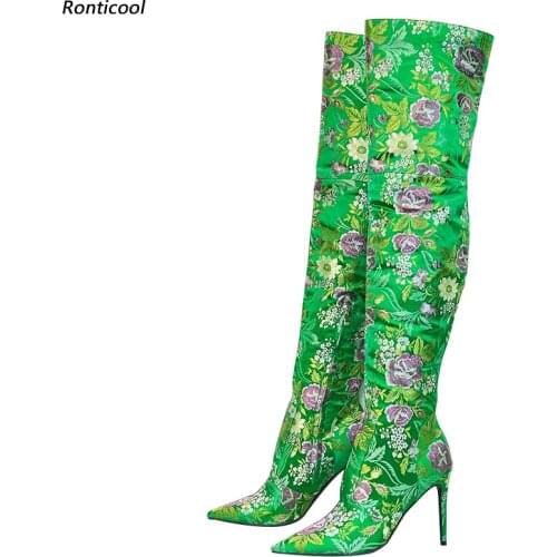 Ronticool Women Winter Thigh High Boots Printed Floral Thin High Heels Pointed Toe Gorgeous Green Gold Shoes Women Us Size 5-15