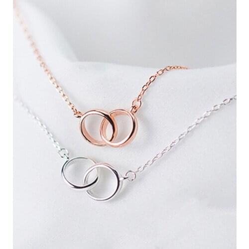 925 Sterling Silver Necklace Inlaid Zircon Double Circle Pendant Necklace For Women Female Jewelry Wedding Gift Rose Gold Color