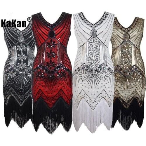 KaKan Retro Style Beaded Sequin Dress Front and Back V-neck Fringe Sexy Nightclub Party Dress 2020 New Sequin Dress