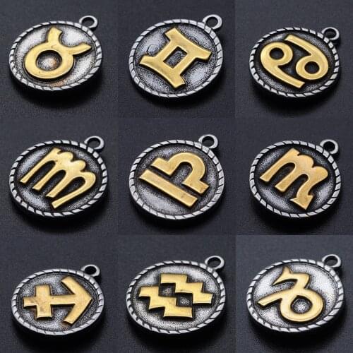 12Pcs / Lot 100% Stainless Steel Two Tone Zodiac Sign Charm Constellation For Making Bracelet Necklace Pendants