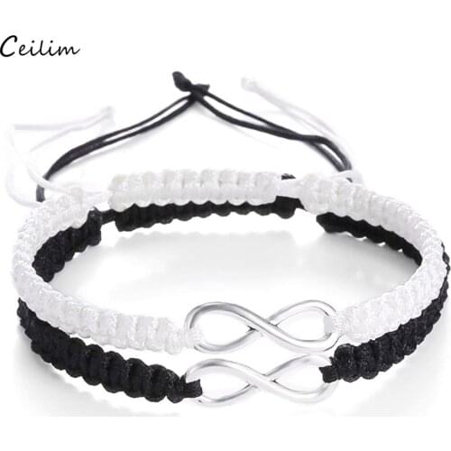 2pcs/set Trendy Couple Jewelry Handmade Black White Rope Chain Infinity Charm Braided Bracelet For Lovers Best Friend Gift