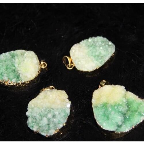 25*35mm) Plate Wrapped Druzy Charms Drop Pendant 4pcs/lot Green Mix Yellow Drusy Pendant Oval Shape Chain Necklace