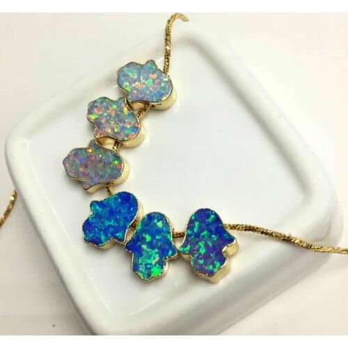 5PCS 10X12mm Bezel Gold Hamsa Opal Small pendant necklace Charms Man-made Opal Perforated Pendant Beads Creative jewelry