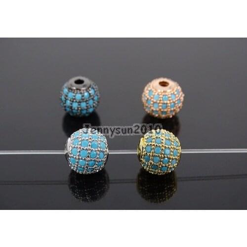 Zircon Gems Stones Pave Tur-quoise Round Ball Bracelet Connector Charm Spacer Beads 8mm Silver Gunmatel 10Pcs/Pack