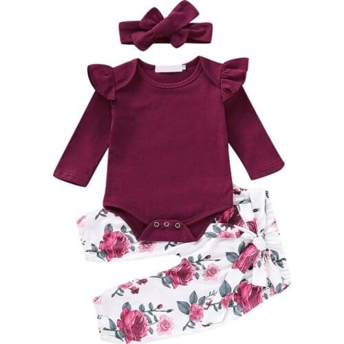 Baby clothes autumn Baby girl clothes set fly sleeve infant romper +floral pants +headband newborn wear 0-18m