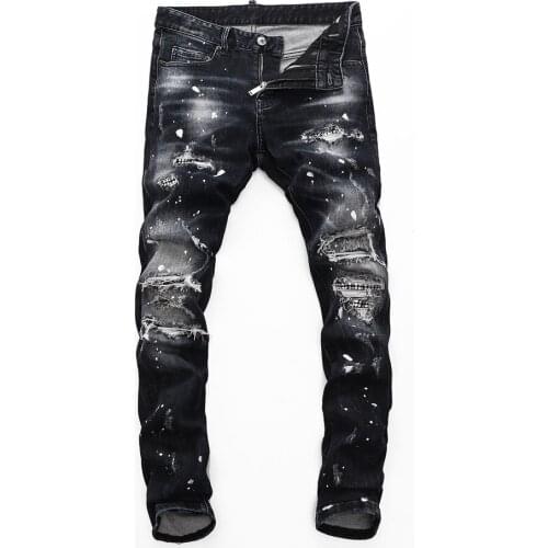 Dsq brand European Style mens slim elastic jeans Men straight denim trousers zipper Patchwork Slim black hole jeans for men 8247