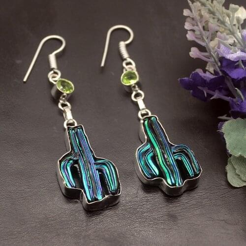 Hermosa Jewelry Special GreenTopaz Dichroic Glass Silver Color For Women Ladies Hook Drop Dangle Earrings 2 3/4 Inch DH26