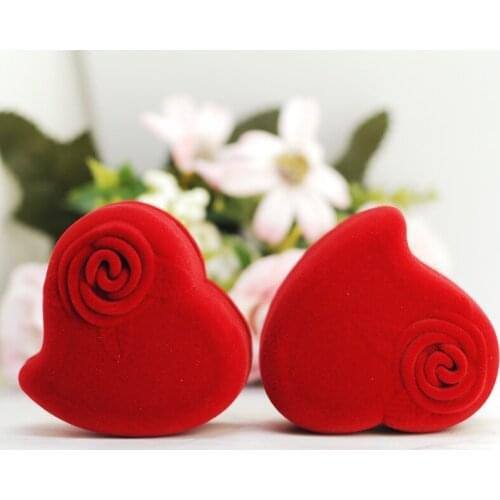 Red Wine Red Heart Shape Velvet Rings Box 1pcs/lot Engagement Wedding Jewelry Box Rose Flower Design Gifts Holder for Love Wholesale