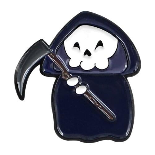 Cute Cartoon Death Metal Enamel Brooch Holding Scythe Skeleton Badge Pin Personality Trendy Costume Backpack Jewelry Accessories