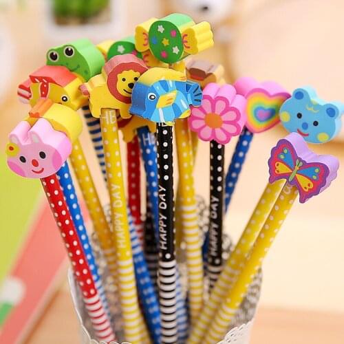 MINKYS Cute 10pcs/Pack Animal Wooden Pencils For School Student Writing Drawing Pencil With Eraser Set Kawaii School Stationery
