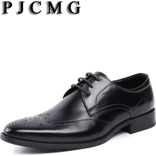 PJCMG Fashion Men Oxford Black/Brown Lace-Up Pointed Toe Solid Office Genuine Leather Dress Size 38-44 Wedding Male Shoes