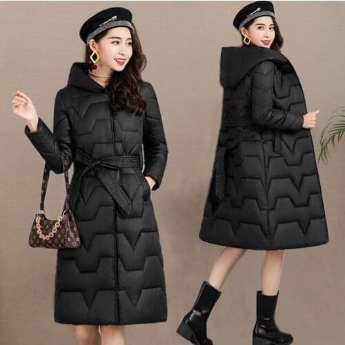 Fashion Winter Jacket Women Belt Hooded Thick Down Parkas Female Jacket Long Coat Slim Warm Winter Outwear 2021 New