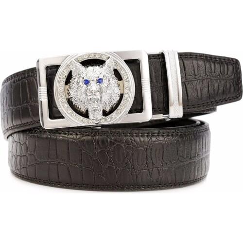ZAYG Men Business Belt Men Genuine Leather Crocodile Grain Automatic Buckle Belt Diamond Wolf Buckle Fashion Leisure Jeans Belt