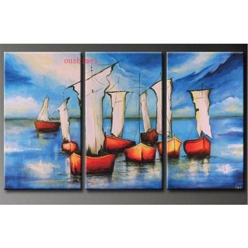 New Hand-painted Wall Art Blue Ocean Beach Sailing Home Decoration 3pcs/set Boat Landscape Oil Painting On Canvas