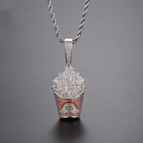 New Fashion Hip Hop Jewelry Rapper Claw Setting AAA+ CZ Stone Bling Iced Out Rainbow French Fries Pendants Necklaces Gifts