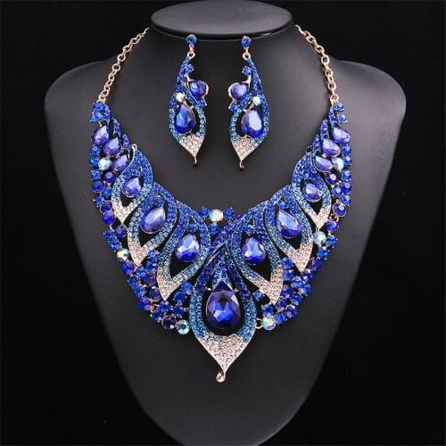 Crystal Necklace Earrings Fashion Jewelry Set Bridal Wedding Party Choker Rhinestone Statement Collar Women Bib Chunky Gifts 2pc