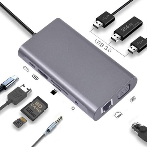 10 in 1 USB-C USB 3.1 to HDMI 4K VGA Audio Jack RJ45 Lan Ethernet Type C PD Charging Adapter USB 3.0 OTG Hub for Macbook Pro