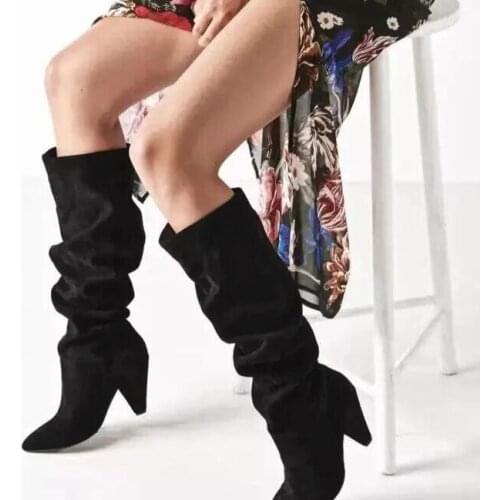 Sexy Black Suede Cone Heels Women Knee High Boots Pointed Toe Pleated Loose Fall Winter Runway Boots Banquet Dress Shoes