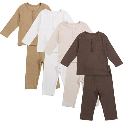 Lioraitiin 0-4Years Toddler Kids Baby Girl Boy 2Pcs Pajamas Set Long Sleeve Crew Neck Button Front Tops + Pants Set