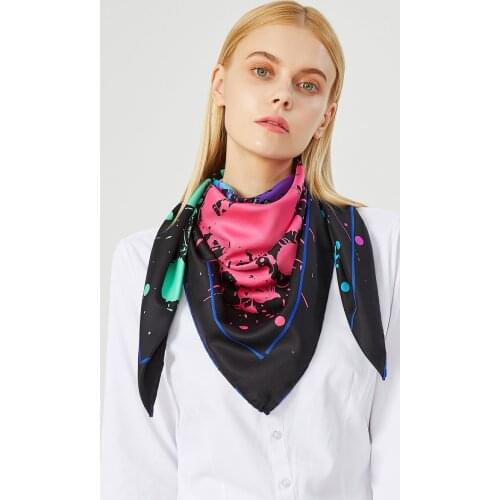 90cm Luxury Brand Scarf Women Shawl 100% Twill Silk Square Scarves Handmade Curled Splash Ink Print Hijab Scarf Fashion Bandana
