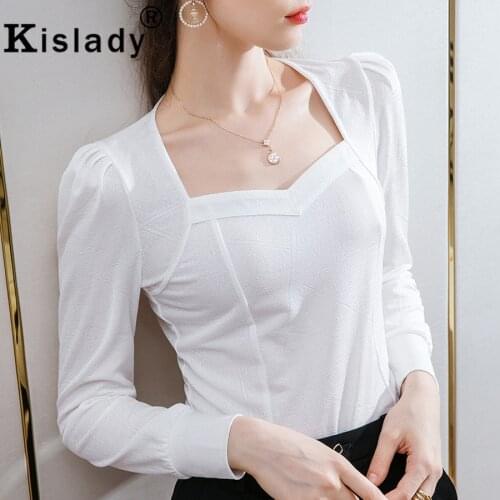 Sexy OL Patchwork Square Collar Solid Shirt Korean Geometric Puff Sleeve Gothic Woman T-Shirts 2020 Autumn Harajuku Tops Clothes