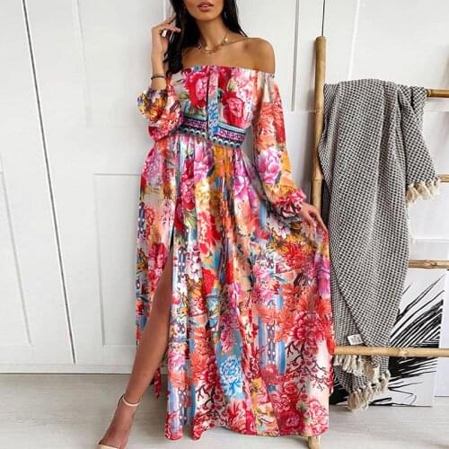 Sexy Women Off Shoudler Strapless Split Dress Vintage Floral Print Maxi Long Dress Clubwear Long Sleeve Party Dress Vestido 3XL