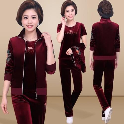 Velvet Tracksuit Women Three Piece Set Autumn Clothes Casual Moms Velour Tracksuits Print Coat T-shirt Pants Suit Jogging Femme
