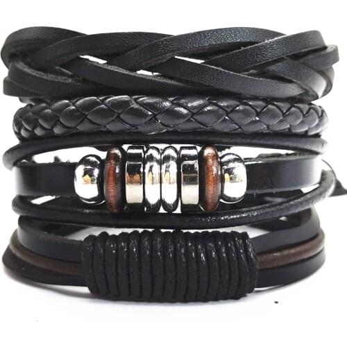 Black Cross Feather Leaf Vintage Multilayer Leather Bracelet Braided Femme Homme Bead Wrap Women Men Bracelets & Bangles