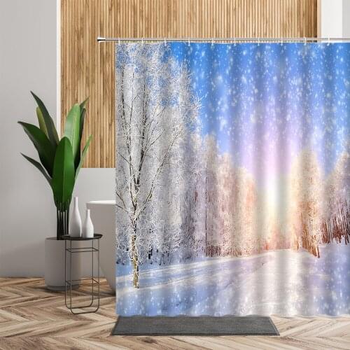 Snow Landscape Shower Curtain Tree Forest 3D Bathroom Decors Winter White Woods Scenery Backdrop Fabric Waterproof Bath Curtains