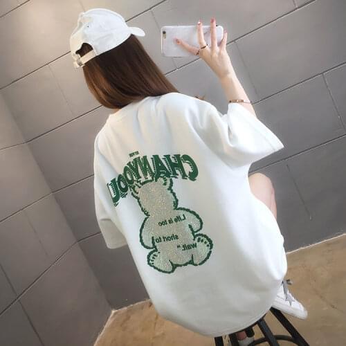 Women Summer Length T-shirt Haif Sleeve loose Diamond T-shirt Fashion Summer Drilling Short Sleeves Fast Shipping