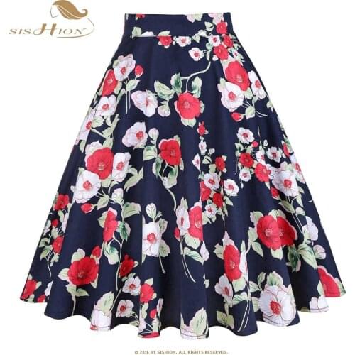 SISHION Women Pinup Vintage Skirts Rockabilly Swing 50s 60s Summer Navy Blue Floral Print High Waist Skirt VD0020NA