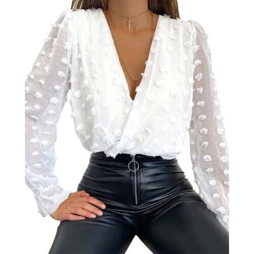 Women Sexy Wrap Deep V-Neck Shirts White Tassel Polka Dot Jacquard Long Sleeve Mesh Blouse Vintage Elastic Hem Casual Loose Pull