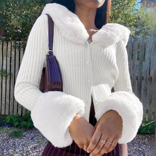 Women Long Sleeve Knitted Cardigan Fluffy Plush Patchwork Lapel Collar Buttons Sweater Coat Solid Color Slim Top
