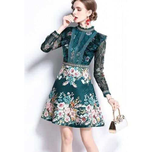 Runway Fall Womens Lace Mesh Patchwork Long Sleeve Ruffle Dress Ladies Elegant Party Printing Dresses Vestidos De Mujer