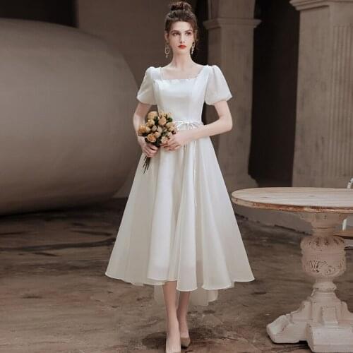 New White Short Sleeves Evening Dress Simple Elegant A-Line Square Collar Ankle-Length Lace Up Woman Formal Party Gowns A1453