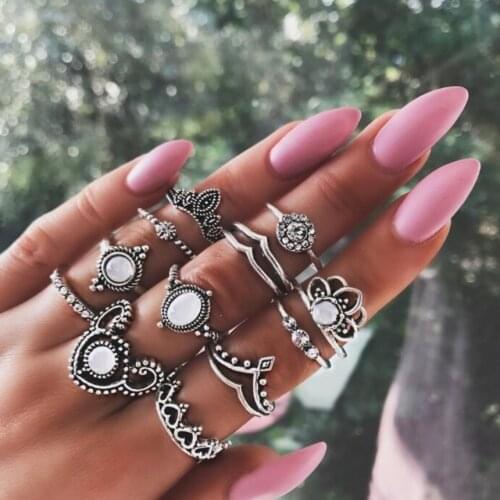12pcs/set Hippie Style Music Band Hearts Crown Joint Finger Ring Set in Antique Silver Color