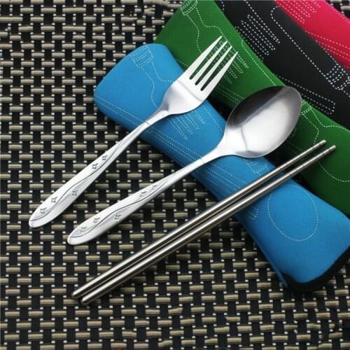 3pcs/ Set Dinnerware Portable Printed Stainless Steel Spoon Fork Steak Knife Set Travel Cutlery Tableware With Bag