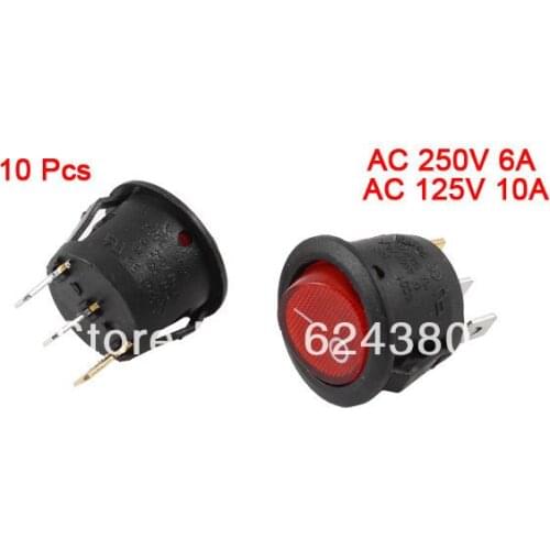 AC 6A/250V 10A/125V On/Off Two 2 Positions SPST Red Light Lamp Snap in Round Rocker Boat Switch x 10 Pcs