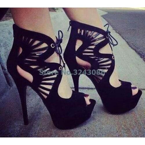 Platform Lace Up Sky high Heels Sandals Peep Toe Hollow Out Thin High Heel Women Shoes Black Purple Suede Fashion Party Shoes
