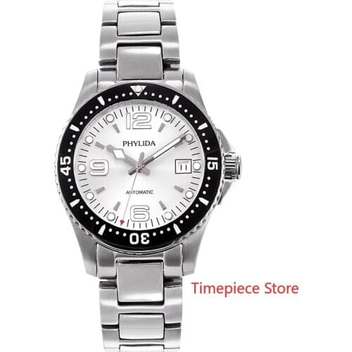 40mm Blue/White Mens Watch Automatic Self-Winding Mov't Top Brand PHYLIDA Wristwatch With Date Classic Conquest Green Luminous