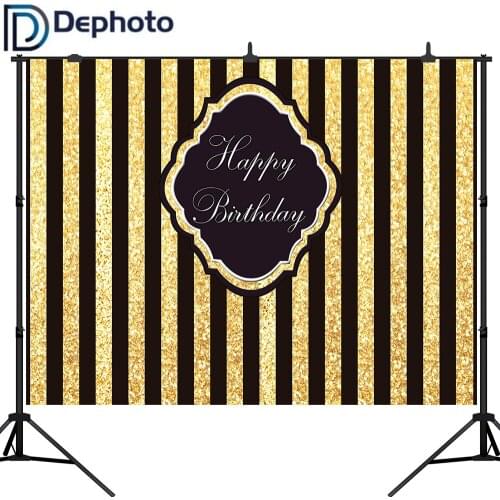 DePhoto Black Golden Glitter Stripe Photography Backdrop Happy 1st Birthday Party Decor Photo Studio Booth Shoot Background