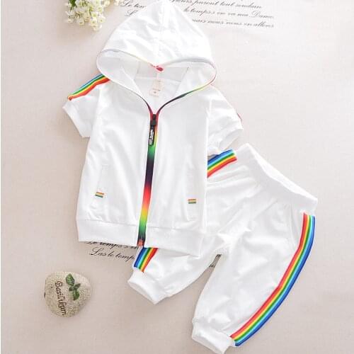 Kid Boy Girl Clothes Sportswear Summer Fashion Short Sleeve Colorful Zipper Hooded Clothing For Girls Children Outfit Set