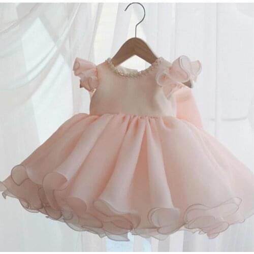 Pink Flower Girl Baby Dress 2020 new Style Pearl Neck Big Bow Fluffy Ball Gown Performance Evening Dress Kids Clothes E36163