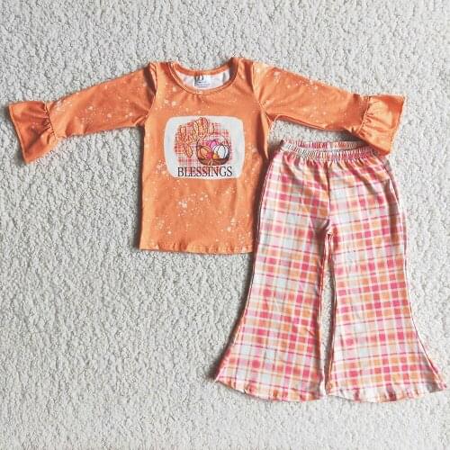 Soft Fabric Toddler Girl Blessing Letters Design Top Match Plaid Pants Suit Kids Long Sleeve Thanksgiving Day Outfit