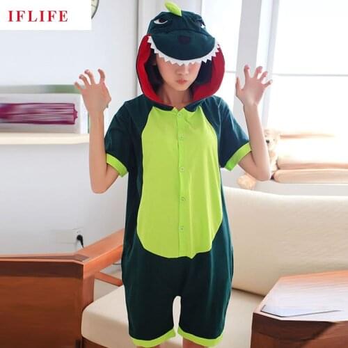 Summer Adult Cotton Cosplay Costume Dinosaur Onesie Women Men Short Sleeve Sleepwear Unisex Fancy Hooded Pajama