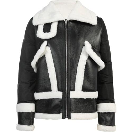 Winter New Female Stitching Lambswool PU Leather Jacket Fashion Lapel Pocket Zipper Thick Short Cotton Coat Streetwear Y812