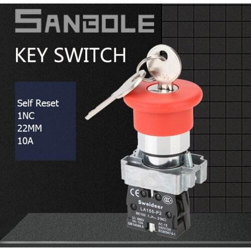 LA38 Emergency Stop Push Button Switch With Key Rotary Reset / Momentary Red Mushroom Head 22mm Electrical Power